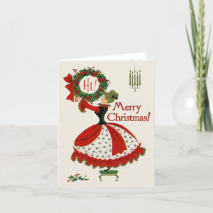 Retro-Style “Woman Hanging Christmas Wreath” Card