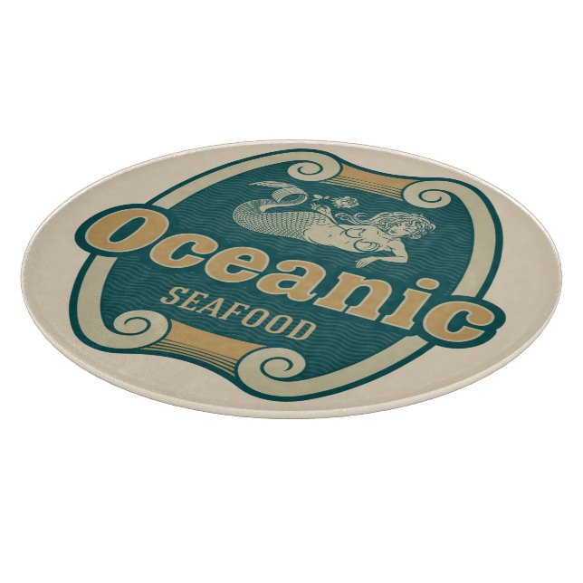 Retro-styled mermaid seafood label cutting board (Corner)