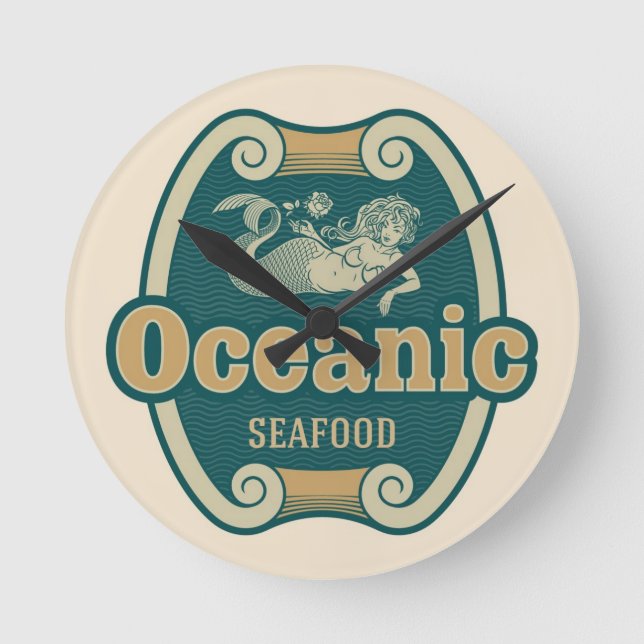 Retro-styled mermaid seafood label round clock (Front)