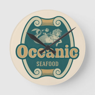 Retro-styled mermaid seafood label round clock