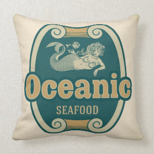 Retro-styled mermaid seafood label throw pillow