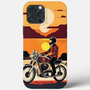 Retro Styled Motorcycle Rider in Scenic Sunset iPhone 13 Pro Max Case