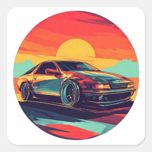 Retro Styled Sports Car with Sunset Background Square Sticker