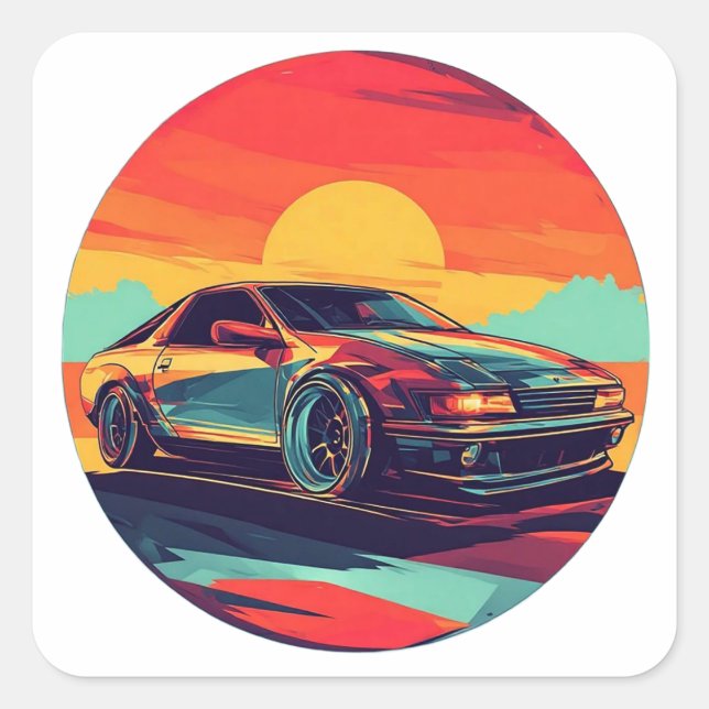 Retro Styled Sports Car with Sunset Background Square Sticker (Front)