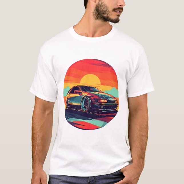 Retro Styled Sports Car with Sunset Background T-Shirt (Front)