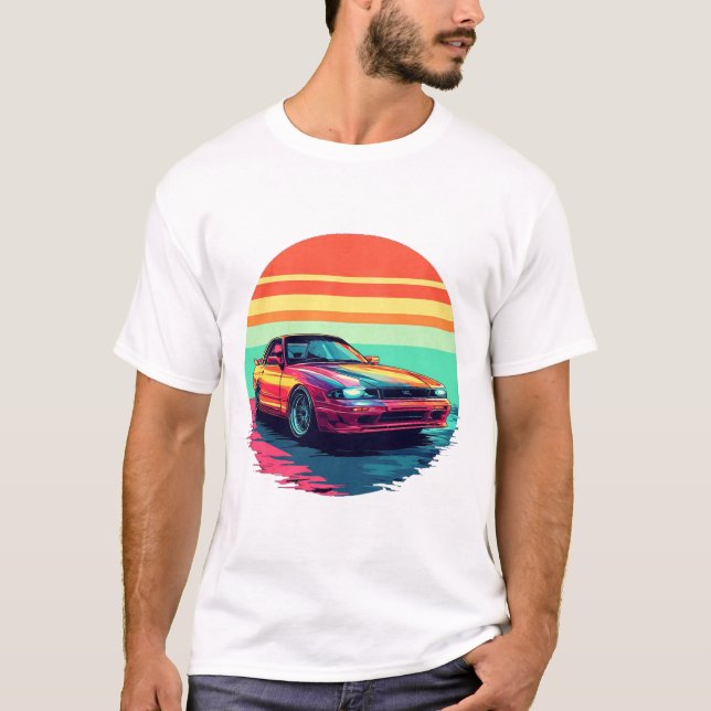 Retro Styled Sports Car with Sunset Background T-Shirt (Front)