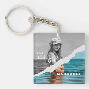 Retro Stylish Black & White Portrait Photo Display Keychain