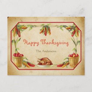 Retro Stylish Corn Apple Turkey Happy Thanksgiving Holiday Postcard