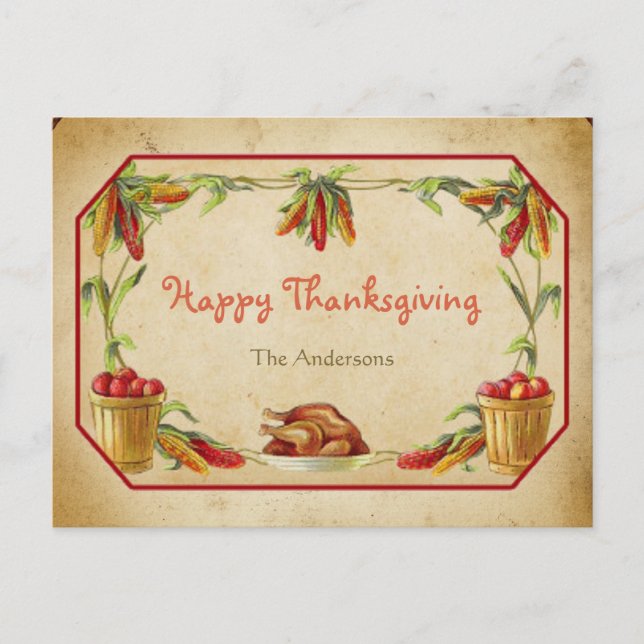 Retro Stylish Corn Apple Turkey Happy Thanksgiving Holiday Postcard (Front)