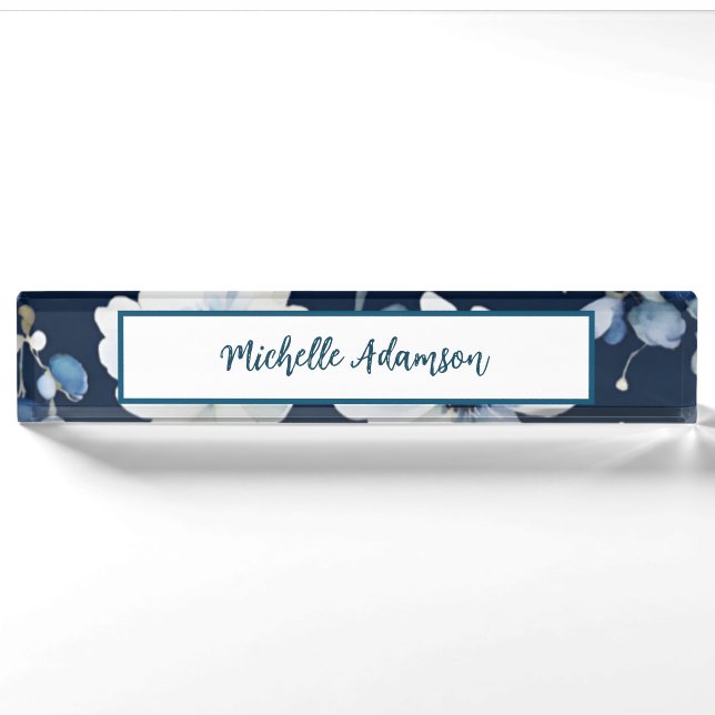 Retro Stylish Elegant Plain Blue White Flowers Nameplate (Front)
