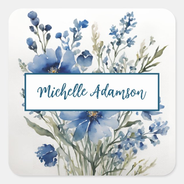 Retro Stylish Elegant Plain Blue White Flowers Square Sticker (Front)