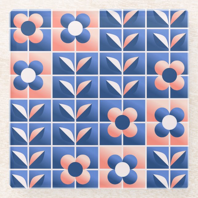 Retro stylized flowers: mosaic pattern. glass coaster (Front)