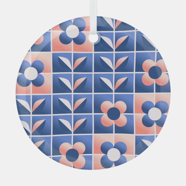 Retro stylized flowers: mosaic pattern. glass ornament (Front)