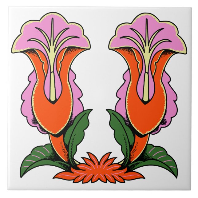 Retro Stylized Lily Flower Botanical Tile (Front)