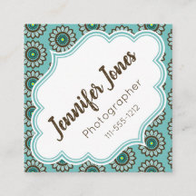 Retro Stylized Teal Flower Square Business Cards
