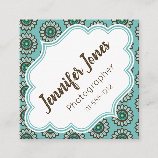 Retro Stylized Teal Flower Square Business Cards (Front)