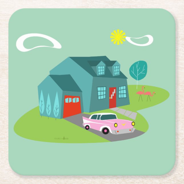 Retro Suburban House Acrylic Hard Paper Coasters (Front)