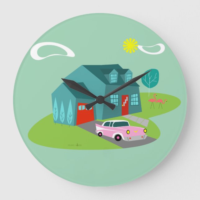 Retro Suburban House Acrylic Wall Clock (Front)
