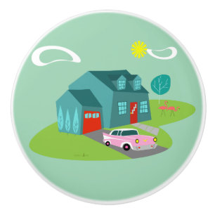 Retro Suburban House Ceramic Pull