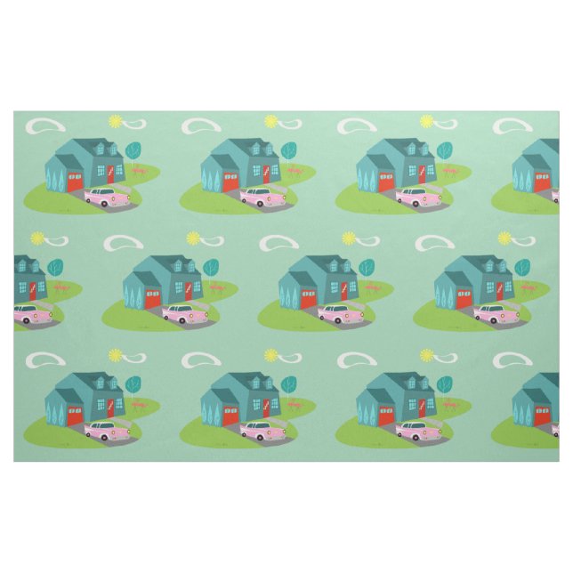 Retro Suburban House Combed Cotton Fabric (Fat Quarter)