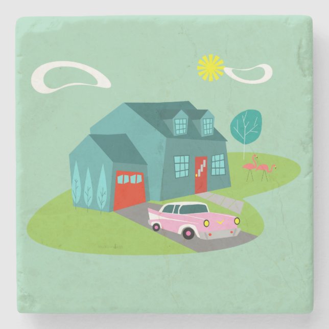 Retro Suburban House Stone Coaster (Front)