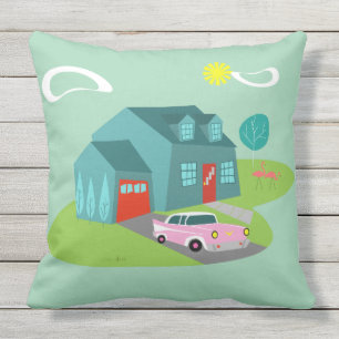 Retro Suburban House Throw Pillow