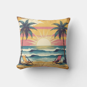 Retro Summer Beach Graphic Throw Pillow