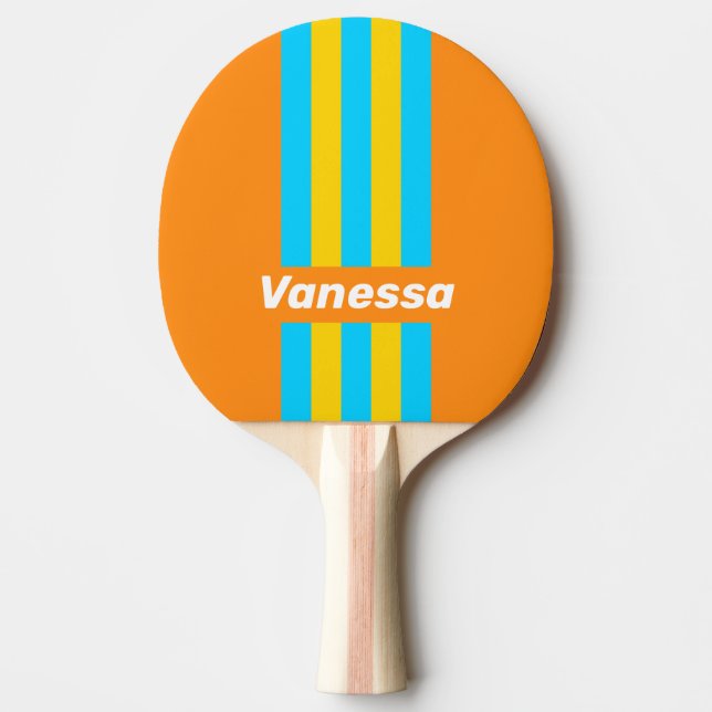 Retro Summer Beach Pin Stripes with Name Ping Pong Paddle (Front)