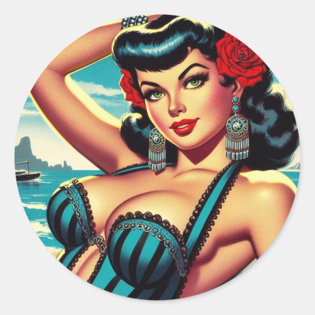 Retro Summer Beach Pin-up Classic Round Sticker (Front)