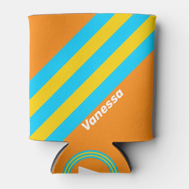 Retro Summer Beach Stripes with Name Can Cooler (Front)