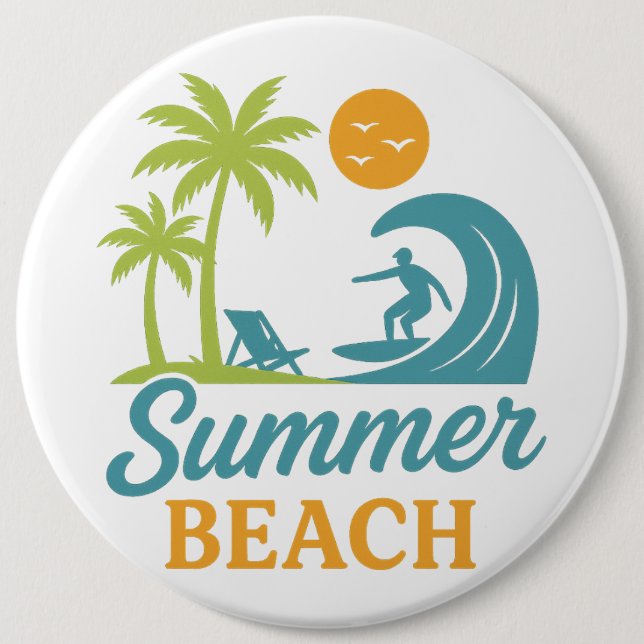 Retro Summer Beach Surfing Scene 6 Inch Round Button (Front)