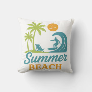 Retro Summer Beach Surfing Scene Throw Pillow