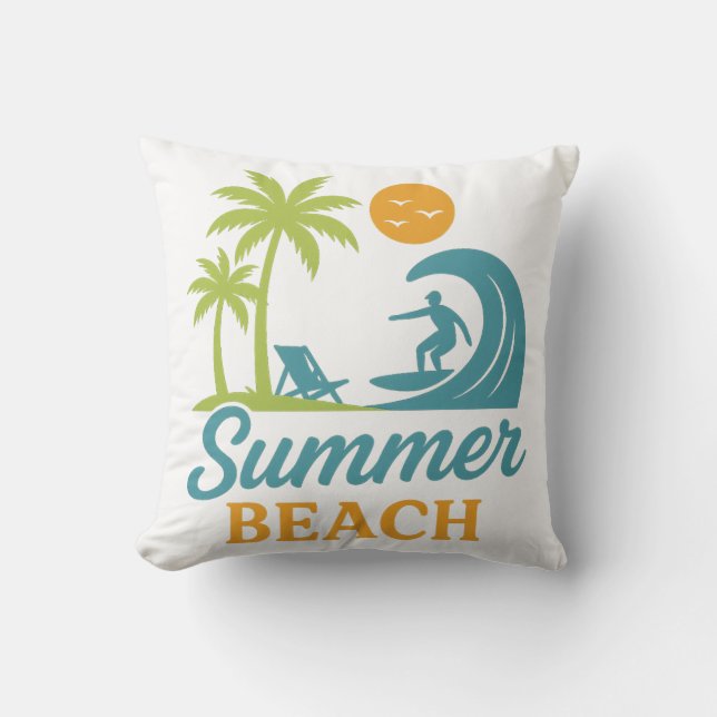Retro Summer Beach Surfing Scene Throw Pillow (Front)