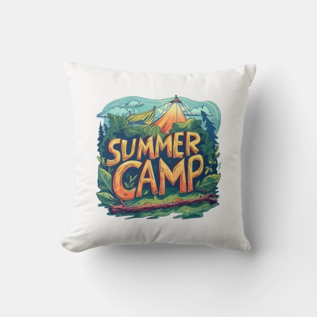 Retro Summer Camp Graphic T-Shirt Throw Pillow (Front)