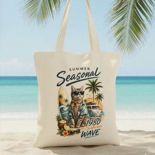 Retro Summer Cat Surfer Van 1980s California Wave Tote Bag