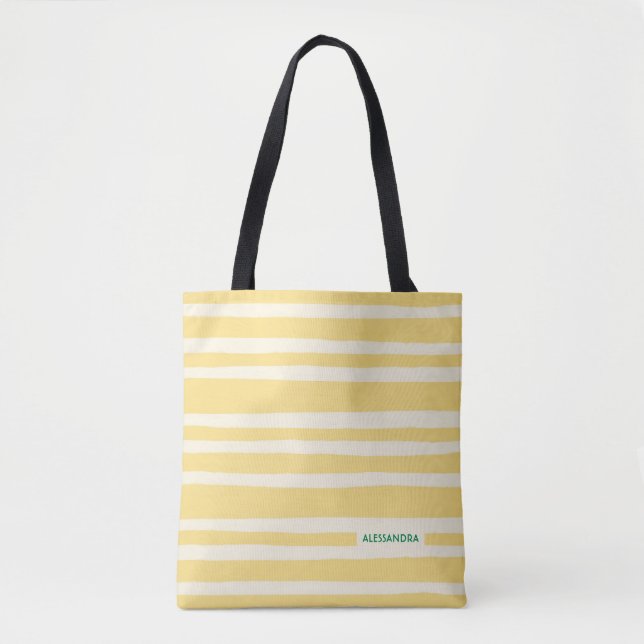 Retro Summer Chic Yellow Stripes Personalized Tote Bag (Front)