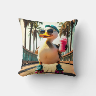 Retro Summer Funny Roller Duck Throw Pillow