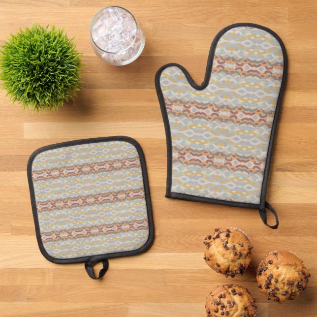 Retro Summer Geometric Colour Block Pattern Design Oven Mitt & Pot Holder Set (Top Down)