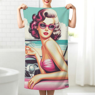 Retro Summer Girl Beach Towel