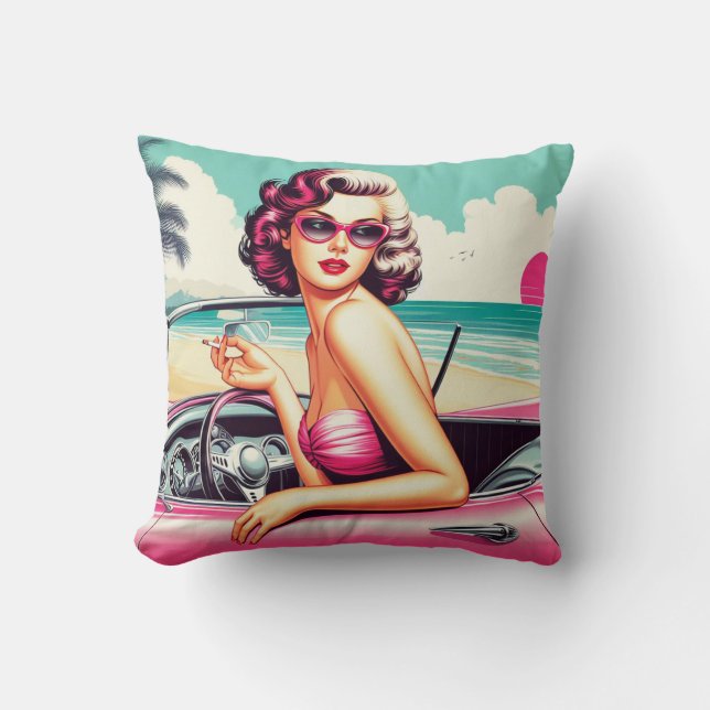 Retro Summer Girl Throw Pillow (Front)