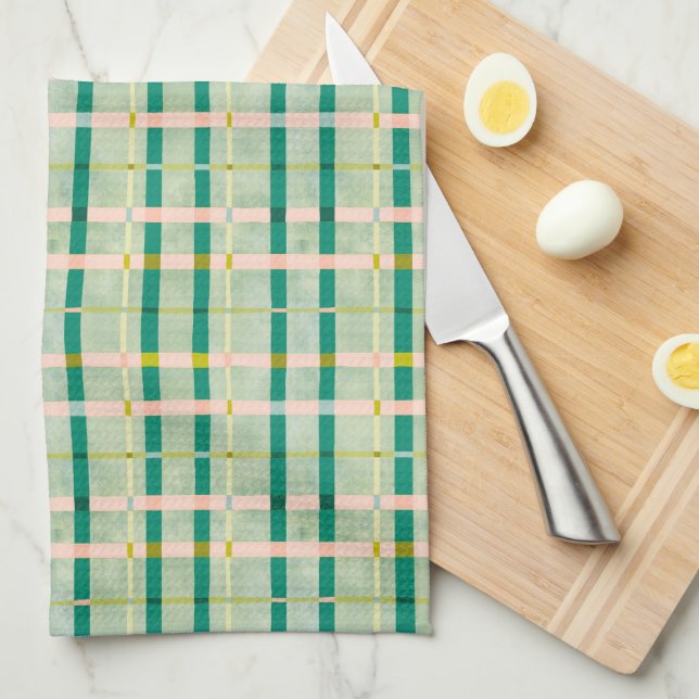 Retro Summer green & pink chequered  Kitchen Towel (Quarter Fold)