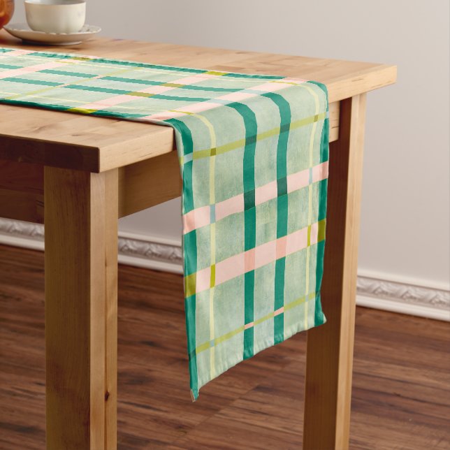 Retro Summer green & pink chequered  Short Table Runner (In Situ)