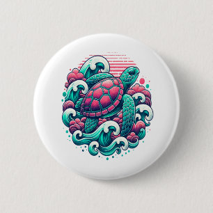 Retro Summer Ocean Wave Turtle 2 Inch Round Button