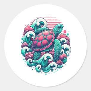 Retro Summer Ocean Wave Turtle Classic Round Sticker