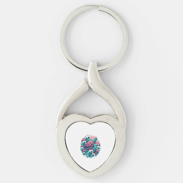 Retro Summer Ocean Wave Turtle Keychain (Front)
