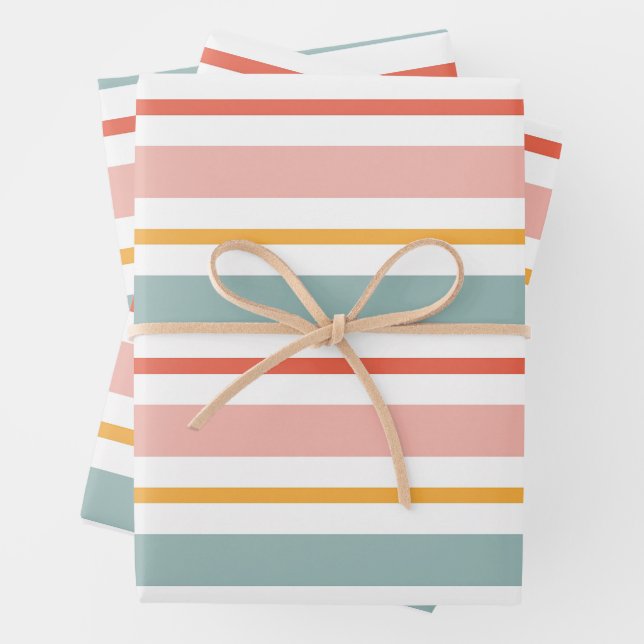 Retro Summer Pastel Striped Pink Mint And Mustard  Wrapping Paper Sheet (In situ)