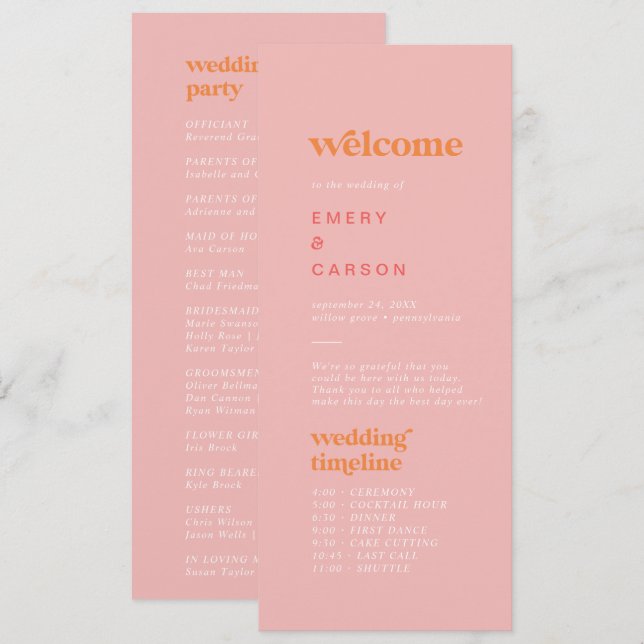 Retro Summer Pink Orange Timeline Wedding Program (Front/Back)