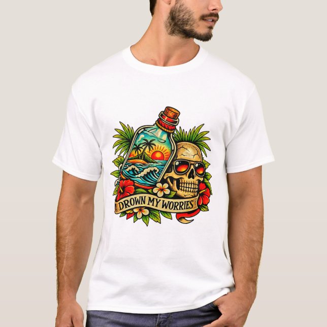 Retro Summer Skull Message in a Bottle Beach T-Shirt (Front)