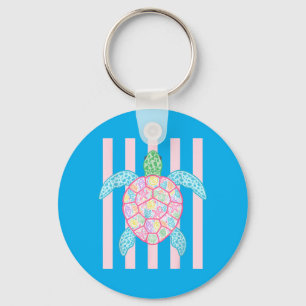 Retro Summer Stripes Preppy Beach Sea Turtle Keychain