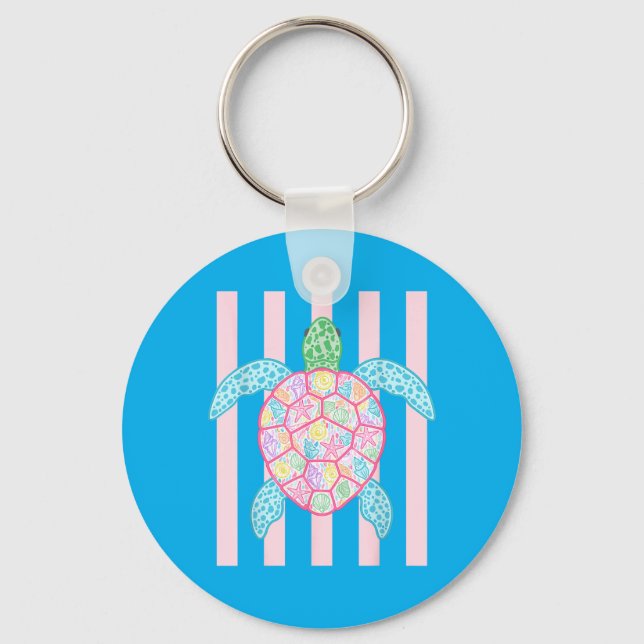 Retro Summer Stripes Preppy Beach Sea Turtle Keychain (Front)